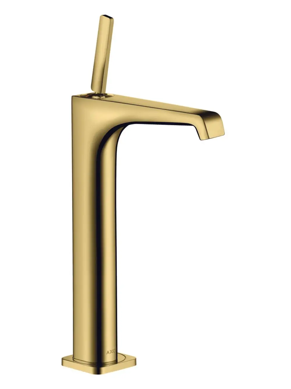 Ein Einhebel-Waschtischmischer von AXOR in polierter Gold-Optik, geeignet für Aufsatzwaschtische. Der Griff befindet sich seitlich auf dem Mischkörper.